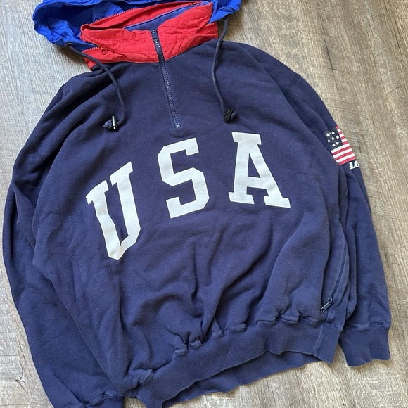 Polo Ralph Lauren Sweatshirt Mens Medium USA Flag Superman Fleece Stadium 90s ++ - Picture 2 of 10